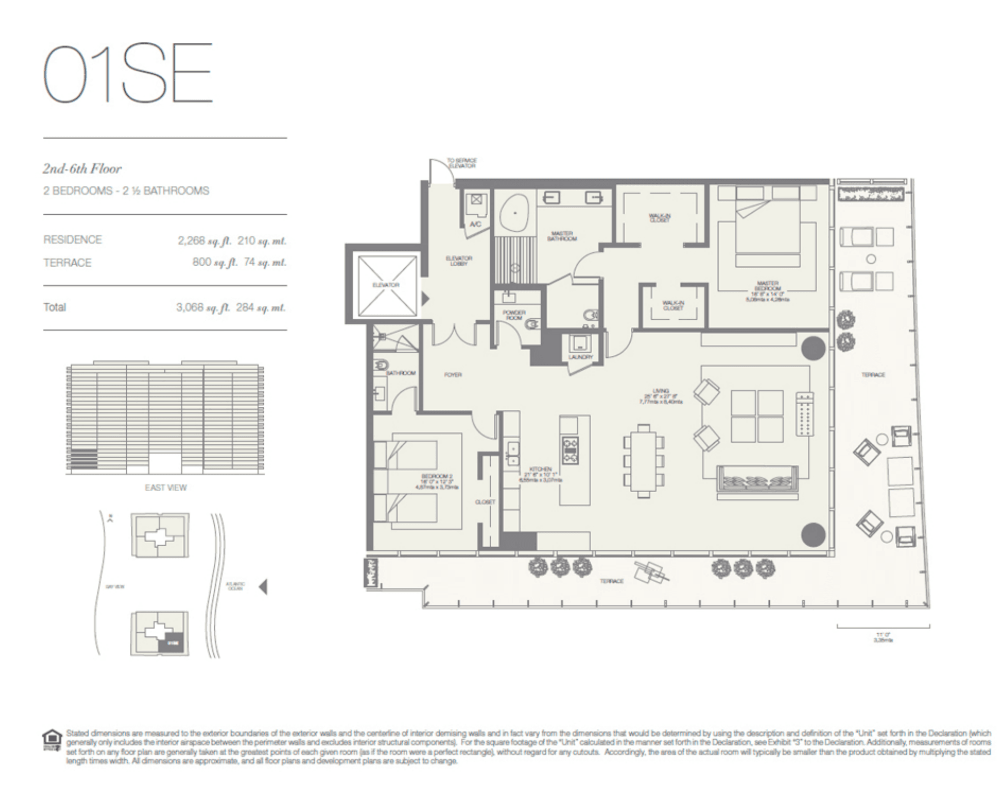 Oceana Bal Harbour 01SE floor plan — 2 bedroom, 2.5 bath, 2,268 sq ft residence, 2nd – 6th Floor
