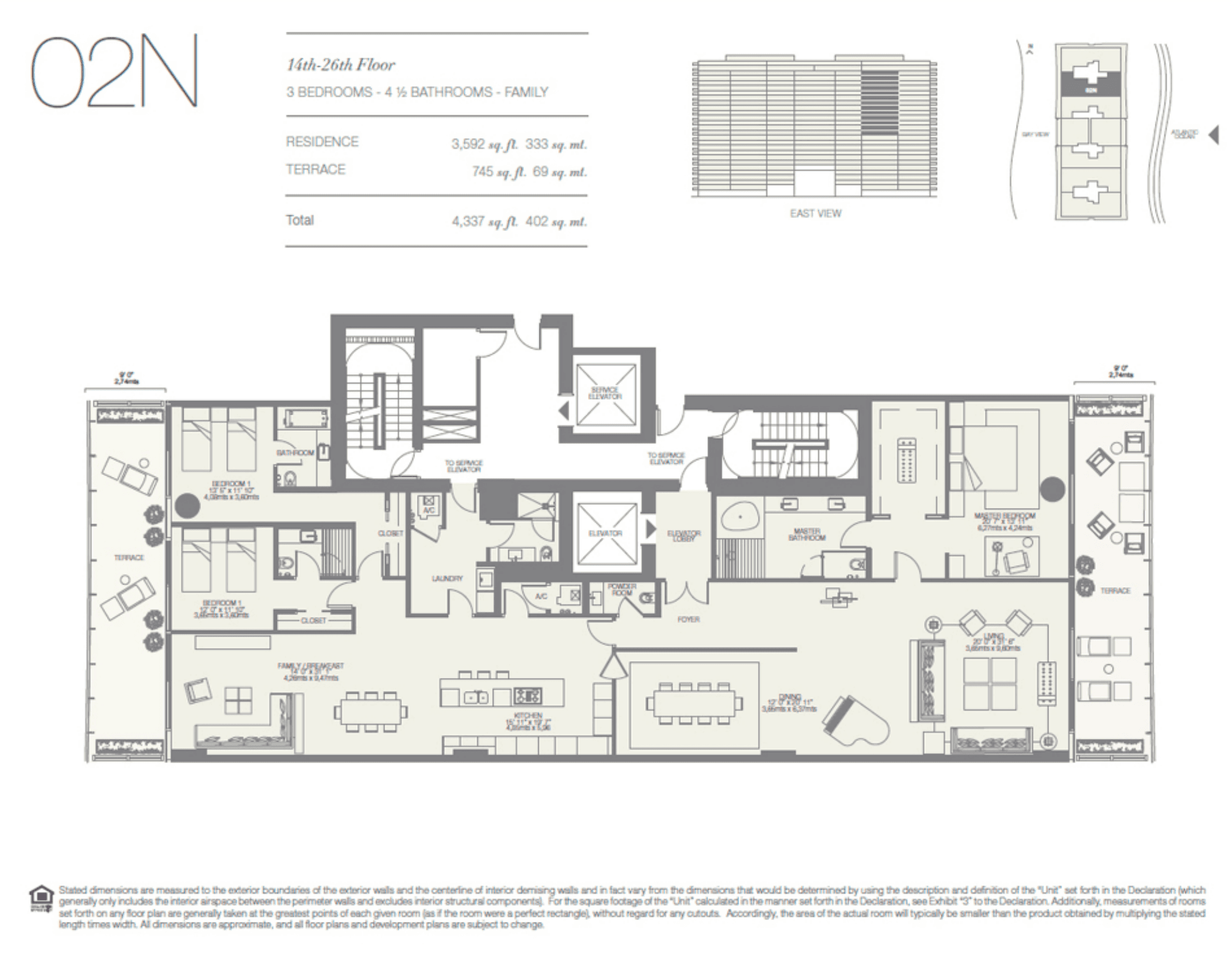 Oceana Bal Harbour 02N floor plan — 3 bedroom, 4.5 bath, 3,592 sq ft residence, 14th – 26th Floor