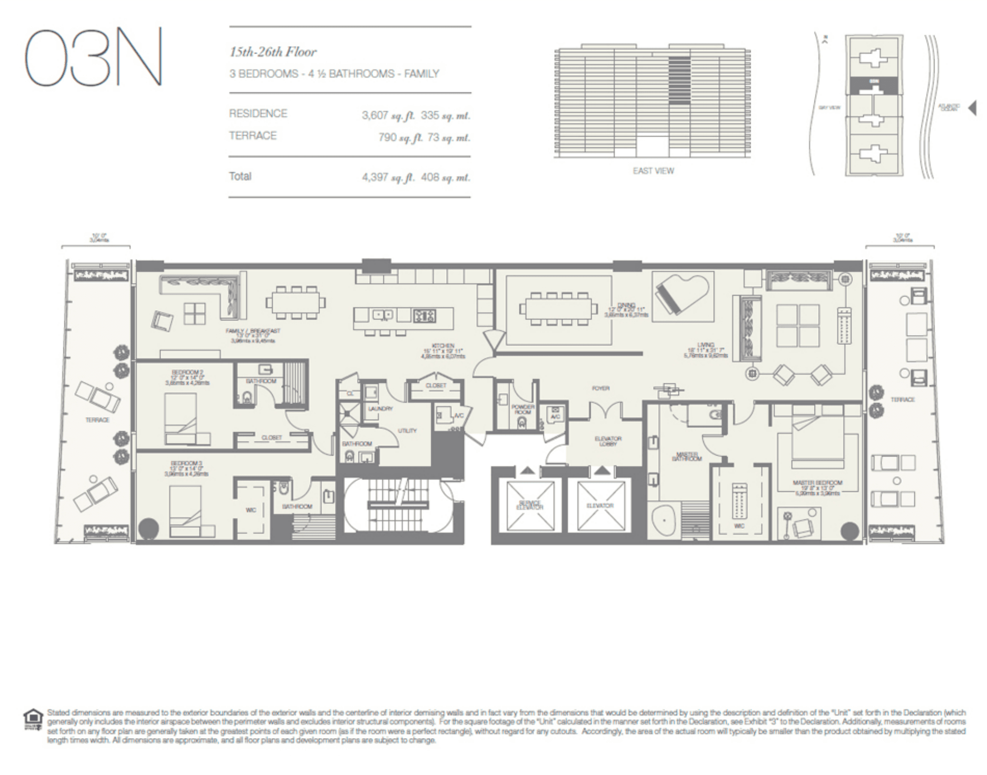 Oceana Bal Harbour 03N floor plan — 3 bedroom, 4.5 bath, 3,607 sq ft residence, 15th – 26th Floor